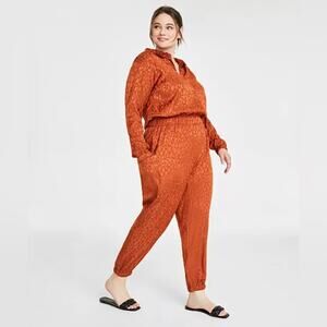 ON 34th Plus Size Animal Print Satin Jacquard Utility Jumpsuit Toasted Ginger